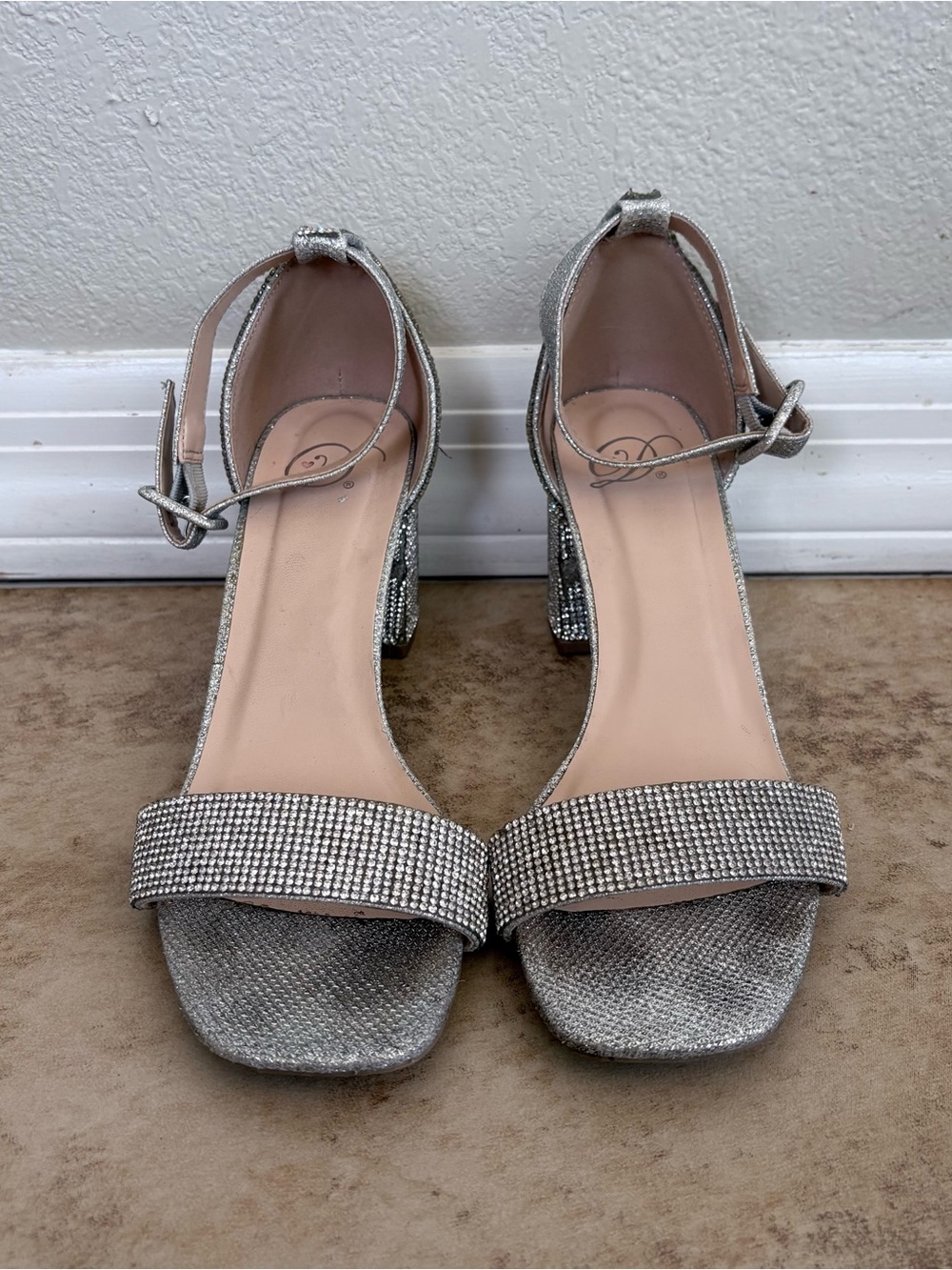 Silver Embellished Ankle-Strap Block Heel Sandals - Women